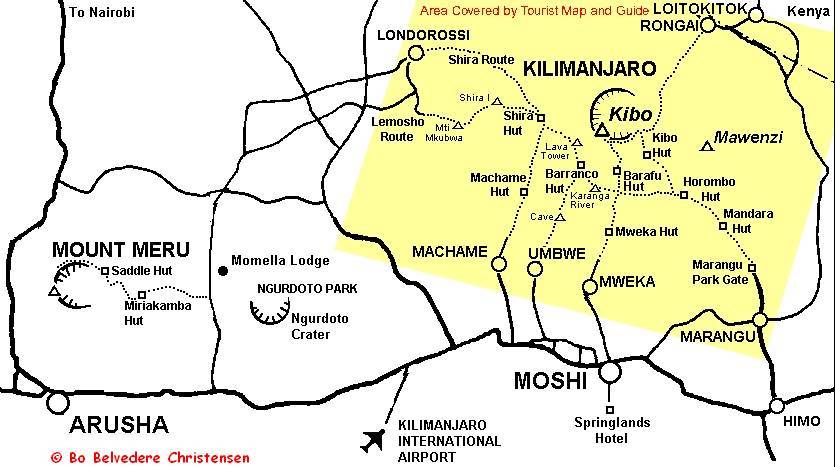 Kort over ruter på Kilimanjaro
